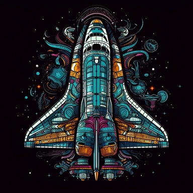 Space clipart, detailed spaceship, detailed, vibrant, contour, black background