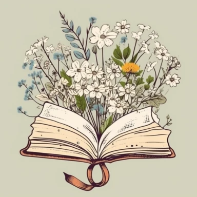open book with delicate wild flowers growing from the center soft colours simple design clean lines clip art style
