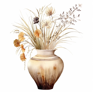 Design a dreamy watercolor clipart of a chinese-inspired ceramic pot with a Bouquet of dried grasses, seed pods, and foliage in shades of brown, tan, and cream for a natural and earthy display composition, hand-painted with soft and graceful brushstrokes. Draw inspiration from the artistic finesse of Ethereal Petals Watercolors for a refined and ethereal depiction. isolated on a white background, hand-drawn illustration, hand-painted watercolor texture, 16k UHD resolution, intricately detailed, 