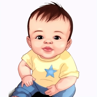 Cartoon-style character 1-year-old baby sitting with the yellowish jumpsuit with very light blue stars in his hands Chibi style holds a small yellow star with eyes very cute her feet are Chibi style sharp and detailed the baby is sitting her eyes are happy confident smile white background clipart the character must be full body very cute with Detailed 8k