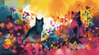 A vibrant watercolor of cats rendered as a digital clipart, drawing inspiration from the bold, expressive blooms found in Emil Nolde's garden paintings, featuring a vivid color palette that captures the flowers' natural radiance, illuminated by bright, contrasting light that emphasizes the rich, saturated hues and dynamic brushwork, and composed using an organic, free-flowing layout that conveys a sense of movement and growth.
