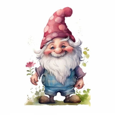 Create a whimsical clipart of a stout and rosy-cheeked gnome standing upright, with a mischievous smile on its face. The gnome’s round nose and curly beard should be prominent features that are endearing to the viewer. The watercolor texture should be evident, giving the clipart a touch of playfulness and artistic quality. The background should have a plain, high contrasted color to draw full attention to the gnome. Make the drawing realistic, so that it looks as though it could come to life, in