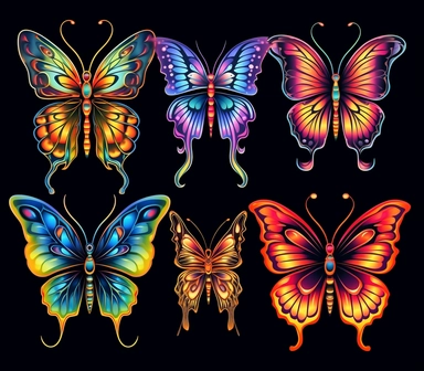 6 tattoo art style butterflies, black defined lines, high details, clipart, hd, isolated on black background, spaced out, vibrant rainbow colors