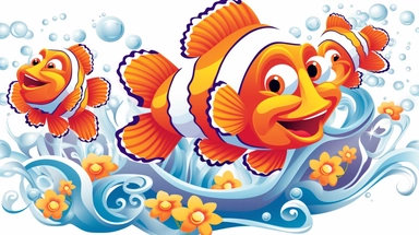 Brightly Colorful Cartoon Clown Fish and Waves clip art. Image depicting Happy Fish with sparkling scales that have double flowing Flippers, Fish are swimming, playing and laughing. No rouge faces. Each element of the Design is to be individual and totally separated and isolated on White Background, 2d Vector Clip Art for use in other designs