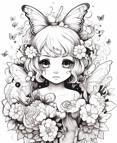 Adorable, cute fairy, with wings, surrounded by beautiful butterflies and blooming flowers, Kawaii for a childrens book, cartoon style, thick lines, black and white, no shading, line drawing illustration, no kid faces, no duplicate faces, blurry, drawing, cartoon, illustration, painting, concept art, cgi, unreal, anime, black&white, b&w, picture frame, deformed, bad anatomy, disfigured, poorly drawn face, mutation, mutated, extra limb, poorly drawn hands, done by bad-artist, ugly, dazed, 3D rend