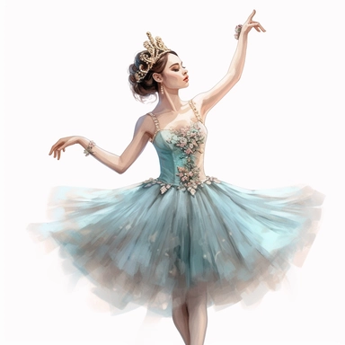 make a clipart of a beautiful photorealistic ballerina in a teal jeweled tutu, give her brown hair with a jeweled crown, she should be doing an arabesque, use pastel colors, watercolor style, white background