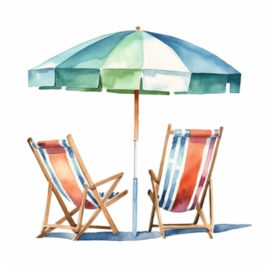 Watercolor A beach umbrella shading a pair of beach chairs clipart, Minimalist, isolated white background, 8k