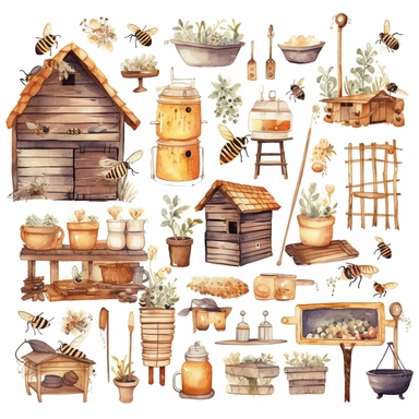 Watercolor boho backyard beekeeping, illustrations clipart set, simple, soft colors, cartoon elements, different variants, beekeeping related items, beehives, beecomb, bees separate elements with a margin