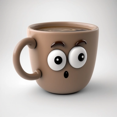 a coffee cup with eyes, positive, giving advice, represented as virtual assistance character like MS Office clippy, clipart or cartoon style with transparent background