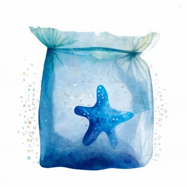 watercolour handmade clipart of a blue transparent plastic bag in the ocean, starfish in it, save the ocean concept