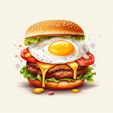 Hamburger with fried egg, clipart, illustration