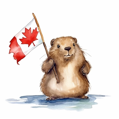 Design a detailed watercolor clipart featuring a beaver holding a canada flag. Depict it in a playful and artistic style, emphasizing their connection to Canada. Ensure each clipart is isolated on a clean white background, with a file size of 120K