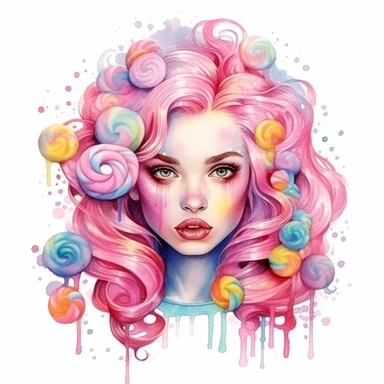 Watercolor gorgeous pink and rainbow haired candy girl Sublimation Clipart,hyper realistic, intricate detail, illustration style,high solution,on the white background