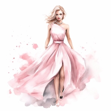 Watercolor girl wearing pink elegant party dress drawing, illustration clipart, high detailed, white background, digital art
