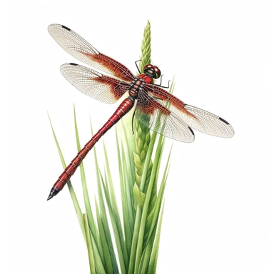 realistic watercolor & color pencil drawing of a red dragonfly resting on a single blade of curve green grass on a white background where the background will be removed to repurpose as a clipart.