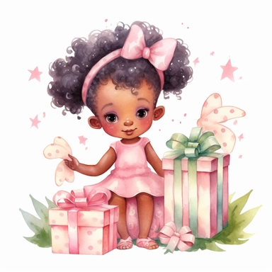 Cute christmas tree with black skin baby fairy opening gifts pink Christmas watercolor Clipart
