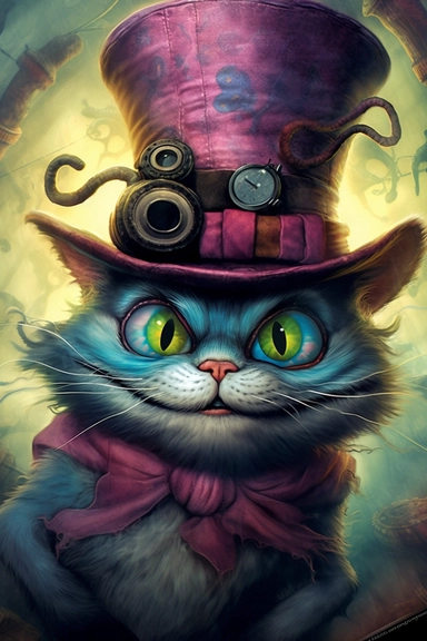SURREAL cartoon cheshire cat with his huge grin is painted in many colors,, stormy clouds in the background with large head big eyes, huge eyeglasses, wearing pointed hat , swirling colors, intricately textured, highly detailed foliage, airbrushing, layered imagery, split toning. detailed watercolor . clip art, cartoon, 8k