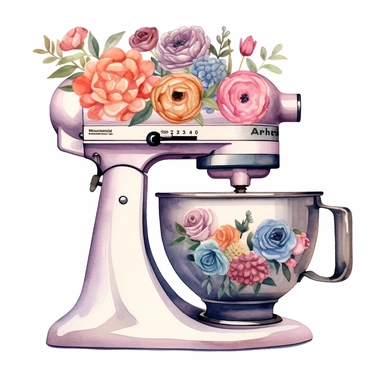 Watercolor clipart, A vintage style drawing of a Stand Mixer decorate with flowers motifs, kitchen aid style, high resolution, white background, Sublimation graphics, by Katie Daisy, Watercolor clipart, single design, single object, print on demand image, PNG transparent background, white background for removing background - - no text shadow font watermark, 8k
