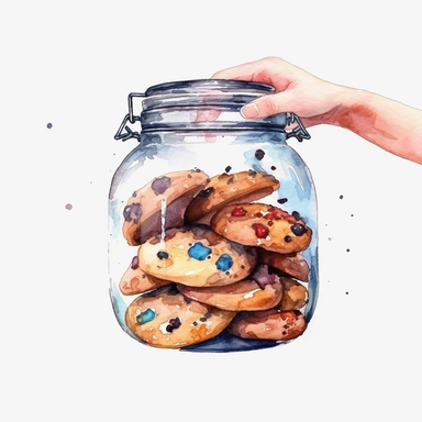 A cookie jar with a hand reaching in to grab a cookie, watercolor clipart, minimalist, bright colors, isolated white background, 8k