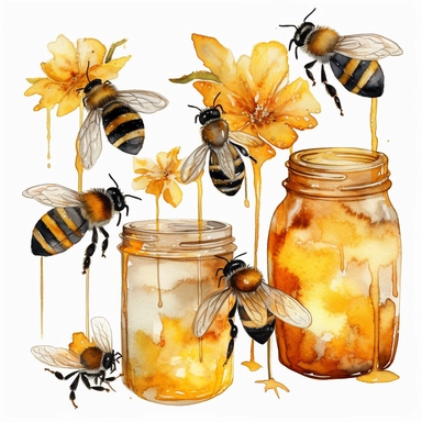 Watercolor Honeybee Clipart Bundle. Summer Clipart. Watercolor flower digital Graphics. Honey Bees, Honey Jar, Honey Drips.watercolor honey bee Clipart. Spring Garden honey dripping from honeycomb. Fantasy,white background. Black and white ink. solution HD : : ultrarealistic,Leica M6 camera with a Leica 50mm f/2 Summicron lens Fujifilm Pro 400H, set the ISO to 400, shutter speed to 1/125, and aperture to f/2.0, colored film,1/1000.The colors are rich and vibrant, with warm tones that suggest a c