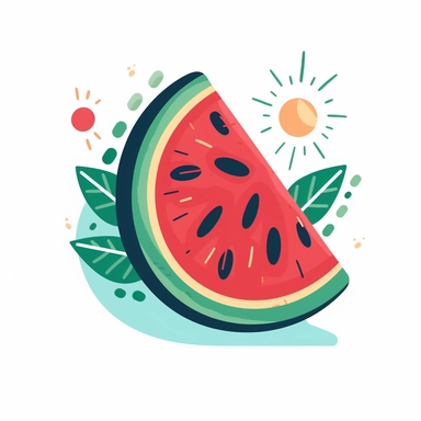 Dive into a refreshing summer adventure with a delightful clipart illustration of a watermelon in a vibrant cartoon style against a clean white background. Picture a juicy watermelon slice depicted with playful lines and a cheerful expression, radiating sunny vibes. Utilize a bright and lively color palette, featuring shades of vibrant reds, juicy pinks, and fresh greens, to evoke the succulent sweetness of a ripe watermelon. Enhance the summer atmosphere with elements like sunglasses, beach acc