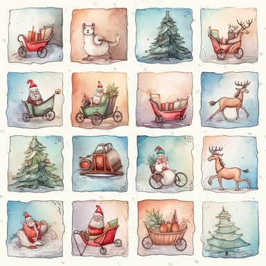 Watercolor line art, little squares filled with doodly patterns of santa sleigh, illustrations clipart set, simple, christmas colors , cartoon elements, different variants , modern art, separate elements with a margin