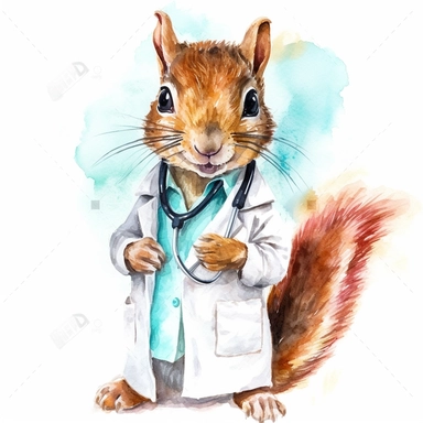 watercolor clipart, vey cute squirell, wearing a stethoscope and a white coat, working as a veterinarian, watercolor style, realistic, bright colors, 300 dpi, 8k, white and clear background, high solution