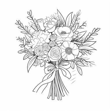 vector illustration, hand drawn, simple floral bouquet, silhouette, outline svg, clipart, basic wedding bouquet, all white background