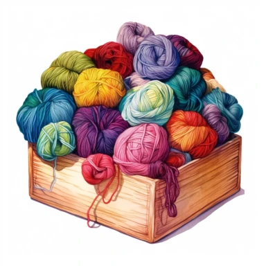 watercolor many colors of wool are stacked in a box, in the style of bold colors and brushwork, knitted and crocheted, organized chaos, large-scale canvas impact, vibrant academia, dye-transfer, complementary colors Clipart desert cartoon t-shirt graphic, vector, contour, isolated on a white background
