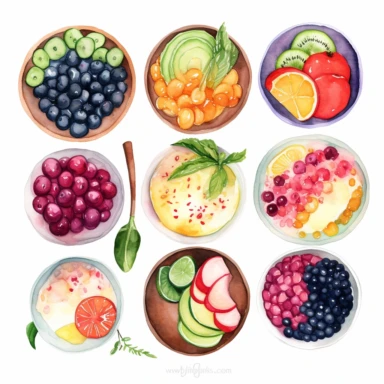watercolor clipart of a collection of various nutritious healthy bowls, presented in a flatlay style with a top-side view on a clean white background. Each bowl should be filled with a visually appealing arrangement of nutritious ingredients, showcasing their vibrant colors and textures. Ensure that the bowls are not overlapping or interacting with each other, maintaining a clear separation between them. Capture the details of each ingredient with delicate watercolor strokes, emphasizing their f