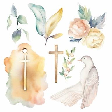 Watercolor clip art with Catholic religious undertones. Inspirational. Soft colors. Image only. No text. White background.