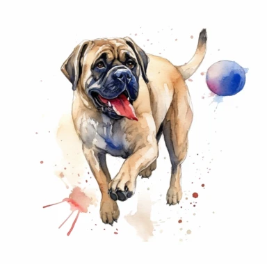 A playful illustration capturing the fun and playful side of an English Mastiff, perhaps showing it with a favorite toy or engaging in a friendly game with other dogs, with a white background and watercolor clipart.