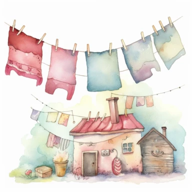 whimsical watercolour cute clip art laundry line with clothes