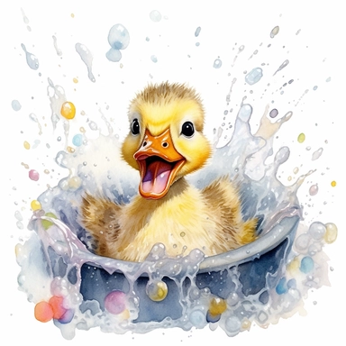 realistic watercolor drawing featuring a cute baby duckling, full of pure delight, as it happily frolics and splashes in a bathtub filled with a medley of colorful bubbles. The duckling's endearing expression and fluffy downy feathers are depicted with clean lines and vibrant colors, while the bubbles pop with a playful assortment of bright tones. The watercolor painting is created in a clipart style, allowing for easy integration into various projects and designs. Against a white background, th