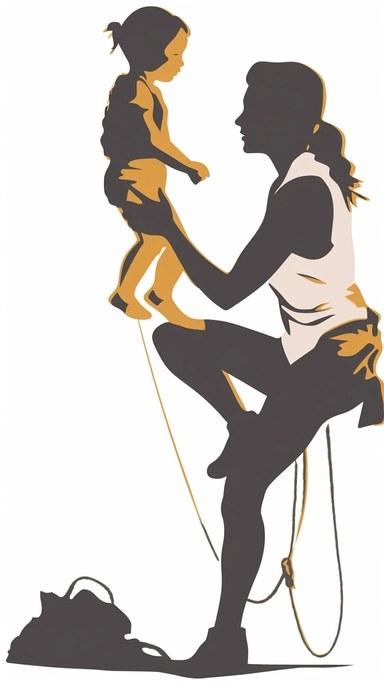 woman rock climbing with a baby, illustration style, simple and modern, clipart, transparent white background