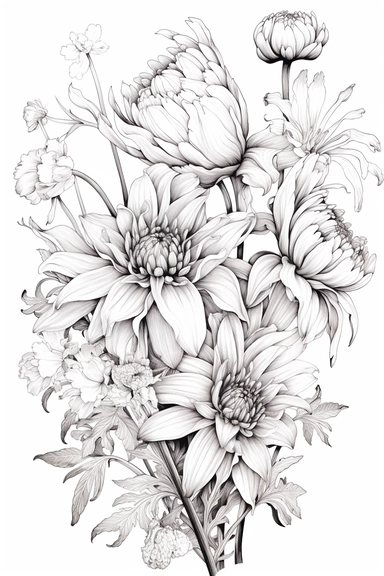 line drawing clipart of tulips and chrysanthemum in black and white