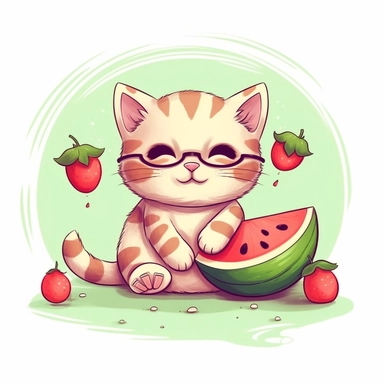 A cat wearing glasses sitting next to a slice of watermelon.