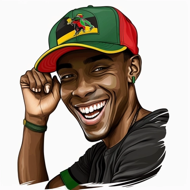clipart, high-resolution, cartoon black handsome young man, strong, proud, joyful, wearing 3 panel baseball cap, red panel, green panel, gold panel, transparent background, well-rendered