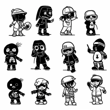 a set of black line clipart inspired by zombie wars and eat the rich and income inequality and class warfare and evil muppets and retro rubber hose style animation