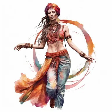 realistic watercolor illustration of a nomadic bohemian woman, full body fashion pose, bangles, ankle bangles,large hoop earings, flowing skit, bohemian choker,vibrant colors, tambourine, clipart on white background
