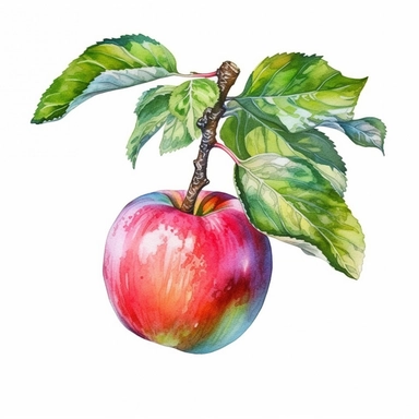 a Apple on a branch in the style of Watercolor Clipart, White Background