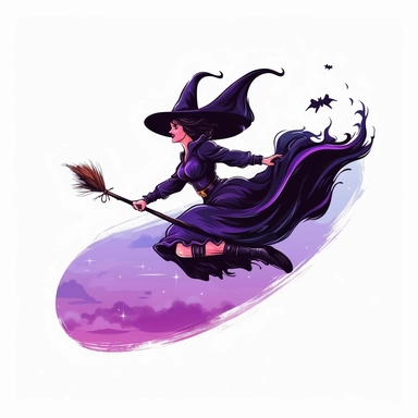 clipart image of a witch dressed in black with purple accents riding on her broom and flying across the sky. vector, white background.