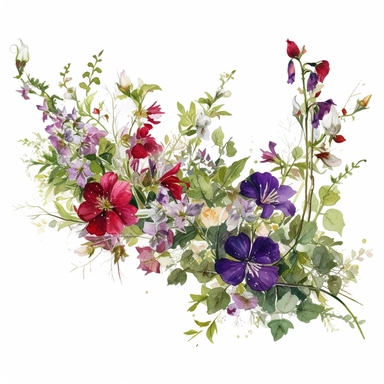 watercolor a simple gorgeous wildflowers and flowers garland with greenery on white background clipart, deep purple, emerald green, and ruby red color theme, watercolor painting realistic, high quality, vibrant, Vicente Romero Redondo, Willem van Aelst, Elsa Beskow