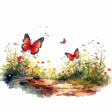 watercolor style butterflies flying in botanical landscape isolated on white background clipart