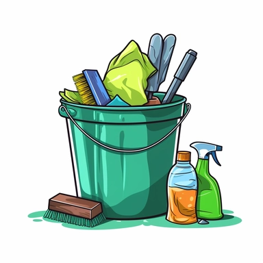 In clipart style with a white background, A green plastic bucket containg various cleaning supplies including, a rag, a spray bottle and a brush