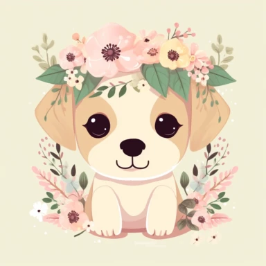 craft an irresistibly cute clipart design featuring an adorable Labrador Retriever puppy wearing a floral crown on its head, rendered in a chibi kawaii style. Emphasize the overwhelming cuteness of the little creature by accentuating its large, sparkling eyes, soft fluffy fur, and a heartwarming expression. Let the floral crown add a touch of whimsy and charm, with delicate blossoms gracefully adorning the Labrador Retriever puppy's ears. Set the composition against a clean white background, all