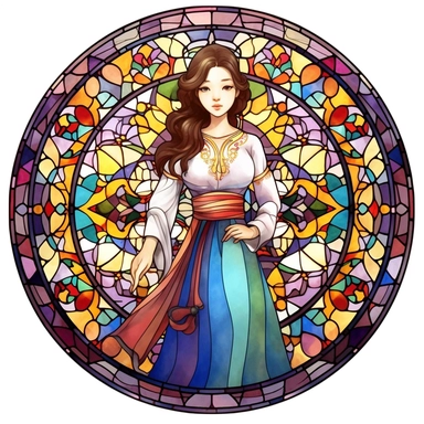 Vintage Cute Beautiful Round Stained Glass Korean fashion girl Sublimation Clipart, Cartoon, hyper realistic, intricate detail, illustration style, high solution, on the white background