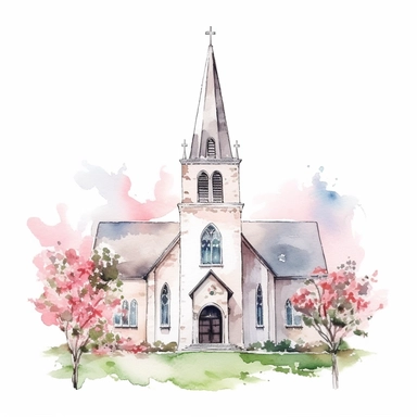 wedding venue, church, adorned with floral arrangements, watercolor clipart, realistic, bright colors, minimalist, isolated white background, 8k