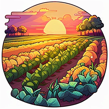 A clipart, A field of crops with a country sunset in the background only one clipart, white background, vibrant colors, cartoon,style ghibli, style dofus hand drawn, detailled, watercolor