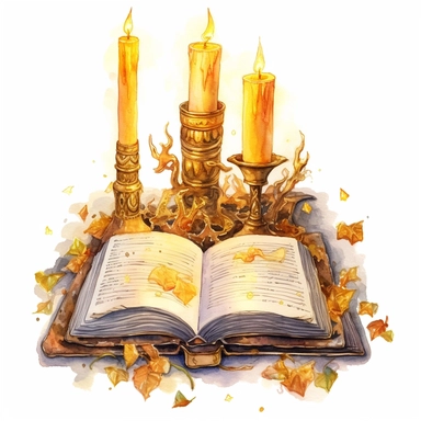 Solid white background, a gold gilded alter that has an extreemely valuable magic tome sitting on it and surrounded by candles clipart. The art style is realistic hand painted watercolor/alcohol ink. The image is isolated and centred. The cover of the book has ancient glowing norse letters on it, The book features is symetrical